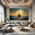 Toiledart Tableau peinture dorée abstraite voilier en mer Toile