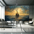 Toiledart Tableau peinture dorée abstraite voilier en mer Toile