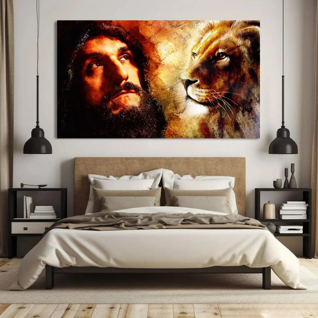 Toiledart Toile Tableau Jesus et Lion en aquarelle