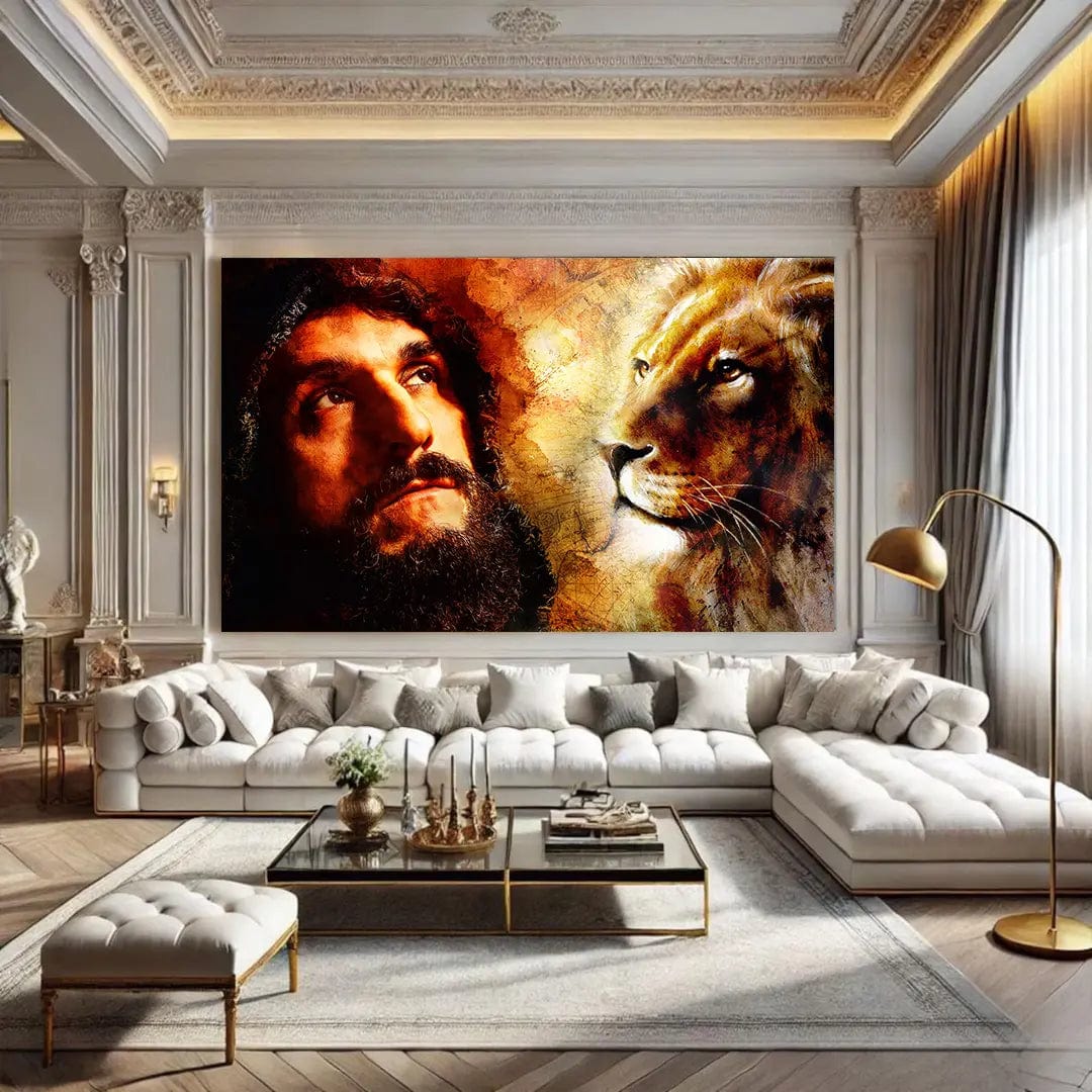 Toiledart Toile Tableau Jesus et Lion en aquarelle