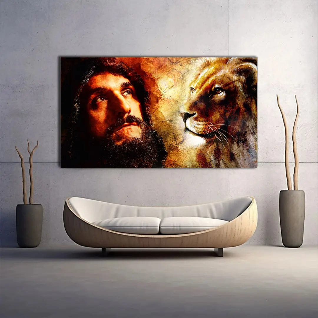 Toiledart Toile Tableau Jesus et Lion en aquarelle