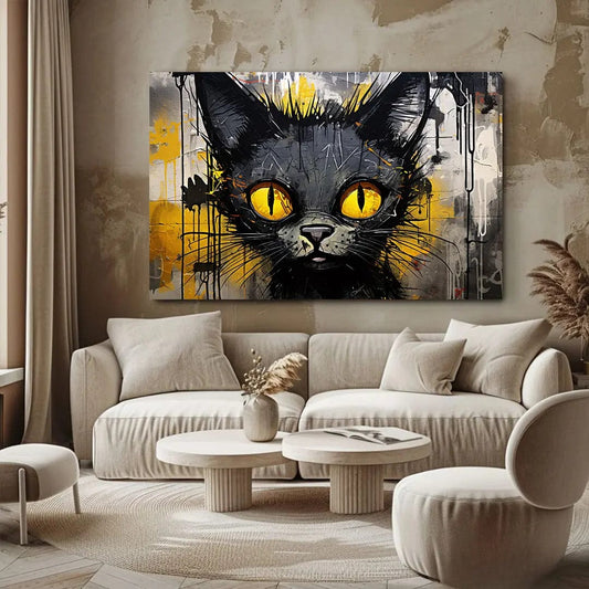 Toiledart Tableau abstrait chat noir aux yeux jaunes Toile 40x30