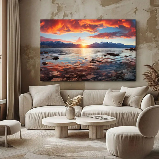 Toiledart Tableau paysage plage au coucher du soleil Toile 40x20 / Hanger Set for Canvas