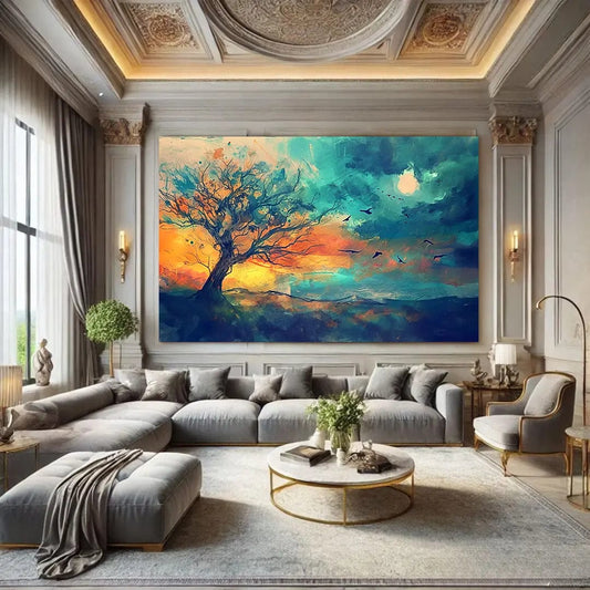 Toiledart Tableau peinture abstraite arbre avec oiseaux volants Toile 40x30