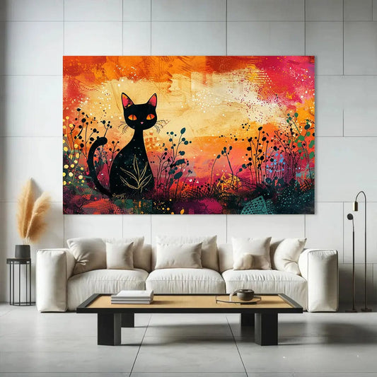 Toiledart Tableau peinture chat noir dans les fleurs de champs Toile 40x30