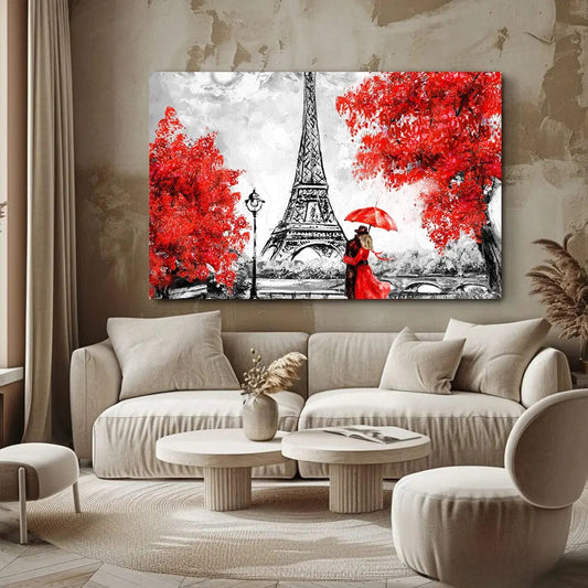 Toiledart Tableau peinture couple amoureux devant tour Eiffel noir et blanc Toile 40x30