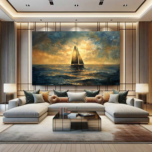 Toiledart Tableau peinture dorée abstraite voilier en mer Toile 40x30