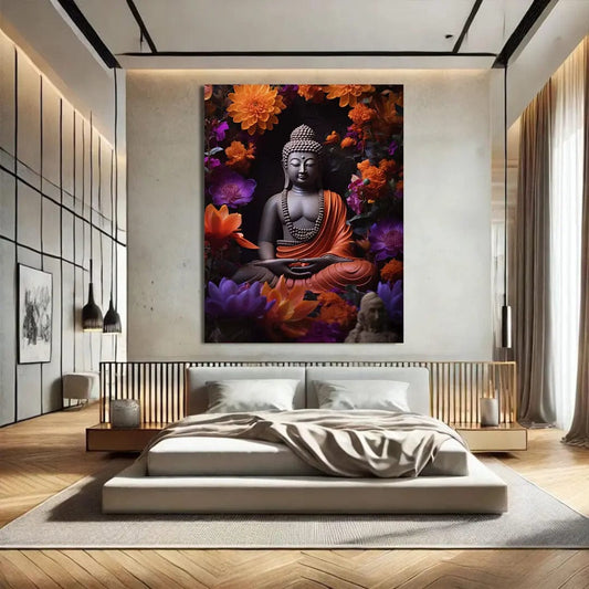 Toiledart Tableau statue de Bouddha entourée de fleurs Toile 40x30