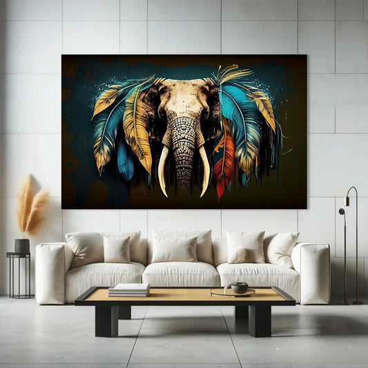 Toiledart Tableau tête d'éléphant avec plumes colorées Toile 40x30