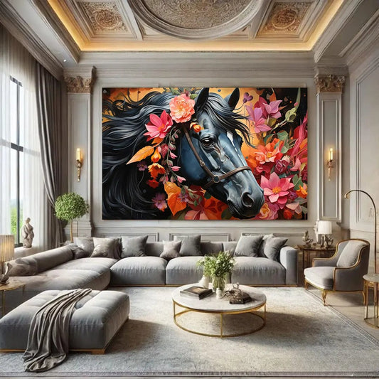 Toiledart Tableau tête de cheval noir avec fleurs colorées Toile 40x30