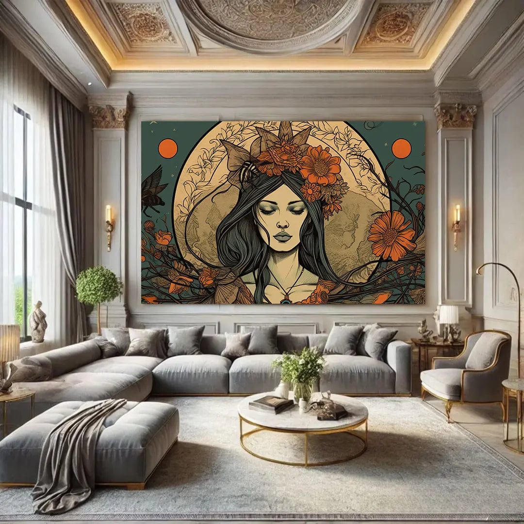 Toiledart Tableau vintage sorcière pleine lune Toile