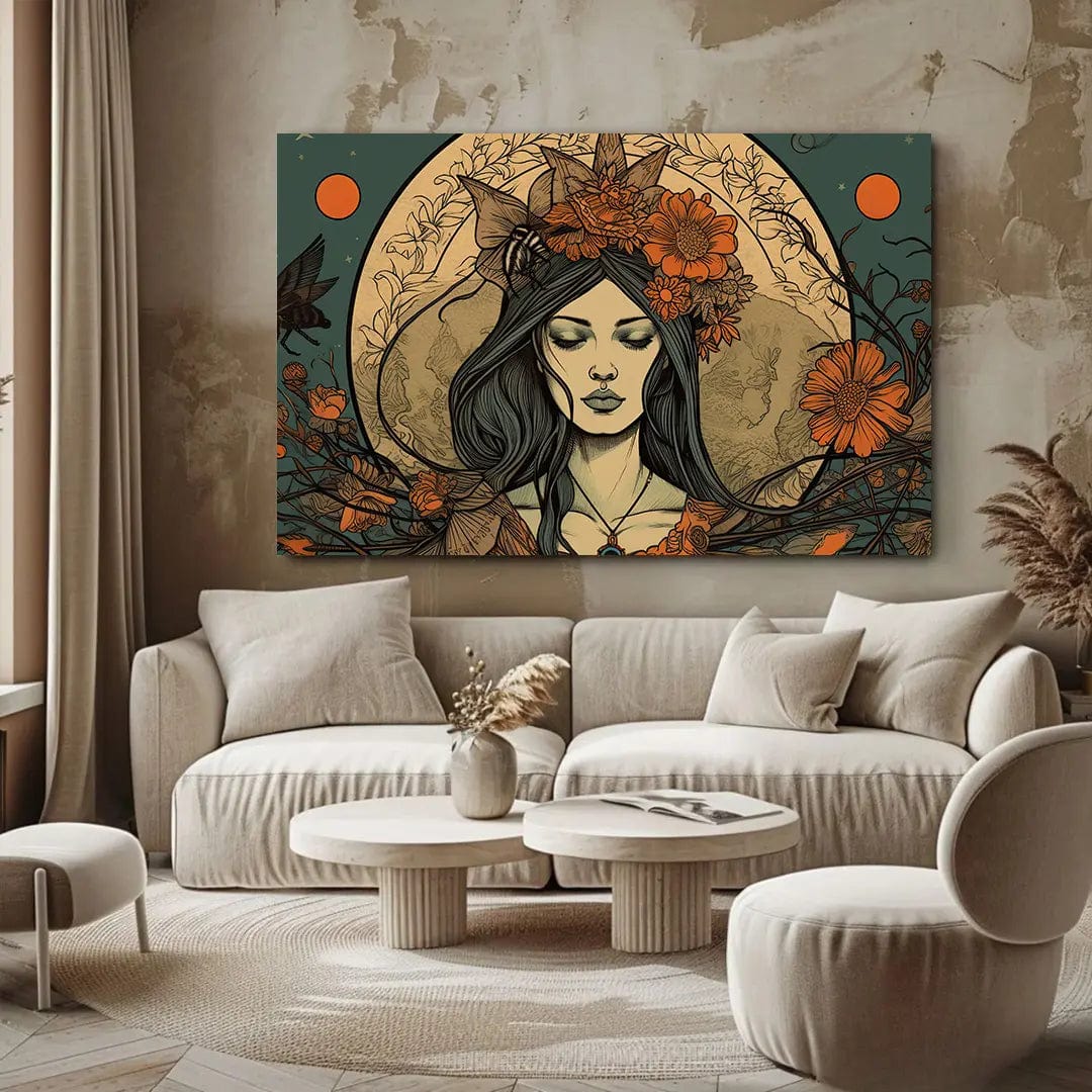 Toiledart Tableau vintage sorcière pleine lune Toile