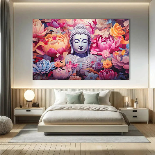 Toiledart Tableau visage Bouddha 3D avec fleurs colorées Toile 40x30