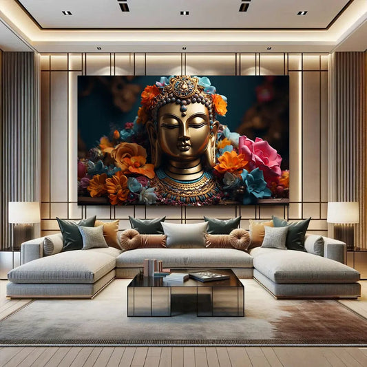 Toiledart Tableau visage de Bouddha en or avec fleurs colorées Toile 40x30