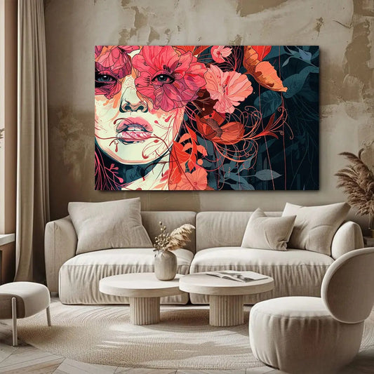 Toiledart Tableau visage de femme aux fleurs colorées Toile 40x30