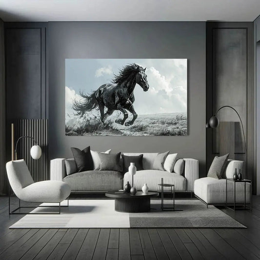 Toiledart Toile 40x20 Tableau cheval mustang noir et blanc