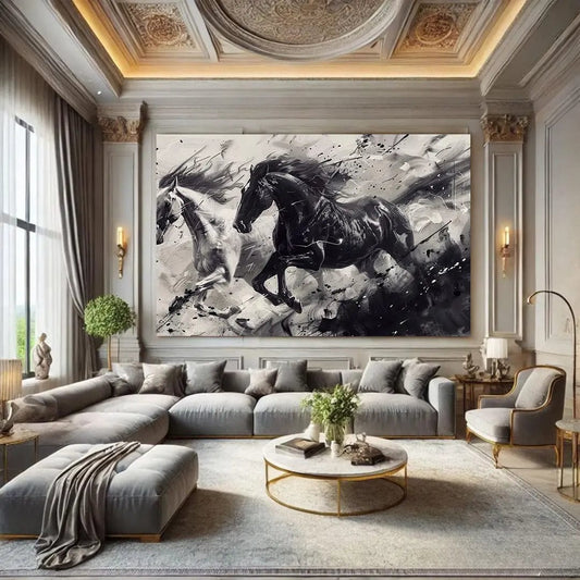 Toiledart Toile 40x20 Tableau chevaux noir et blanc