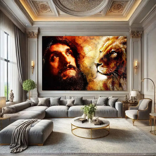 Toiledart Toile 40x20 Tableau Jesus et Lion en aquarelle