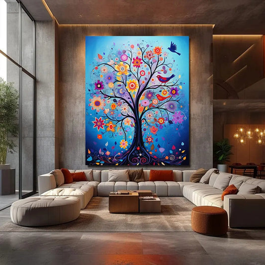 Toiledart Toile 40x30 Tableau arbre à fleurs colorées et oiseaux