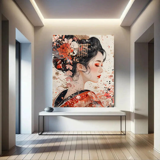 Toiledart Toile 40x30 Tableau femme japonais aux cheveux fleuris