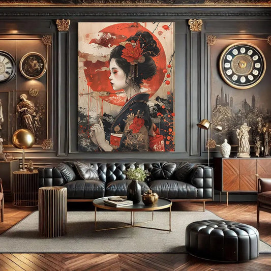 Toiledart Toile 40x30 Tableau femme japonaise avec lune rouge