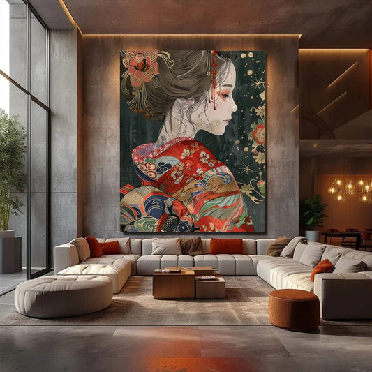 Toiledart Toile 40x30 Tableau geisha kimono motifs rouges dorés