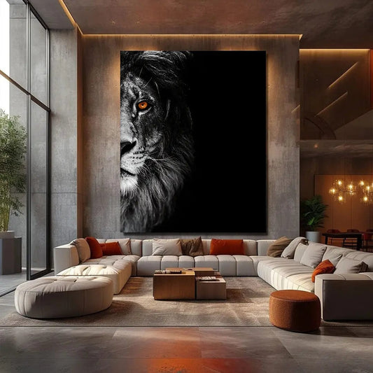 Toiledart Toile 40x30 Tableau lion demi visage noir et blanc