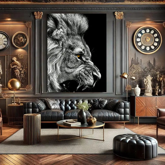 Toiledart Toile 40x30 Tableau lion en colère noir et blanc