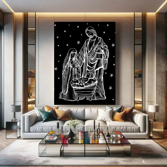 Toiledart Toile 40x30 Tableau minimaliste naissance de Jesus noir et blanc