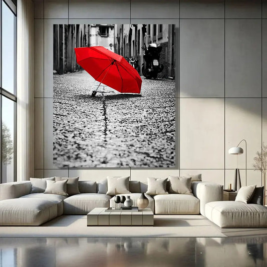 Toiledart Toile Tableau parapluie rouge en noir et blanc